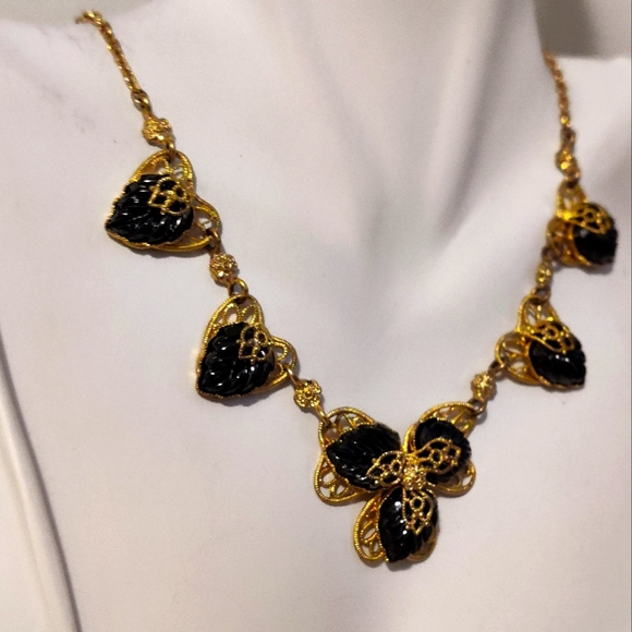 Signed Germany Filigree Hearts Black Molded Glass Necklace - Picture 13 of 15